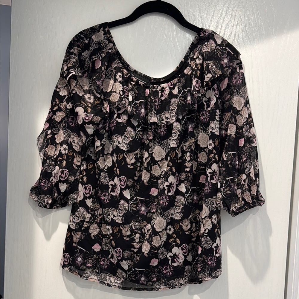 INC medium International Concepts Black and Pink Ruffled 3/4 Sleeve Blouse